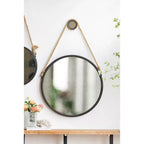29.5 Inch Hanging Round Wall Mirror with Black Frame and Rope Strap
