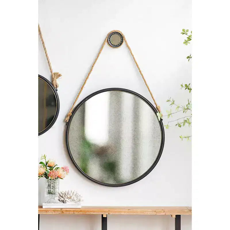 29.5 Inch Hanging Round Wall Mirror with Black Frame and Rope Strap
