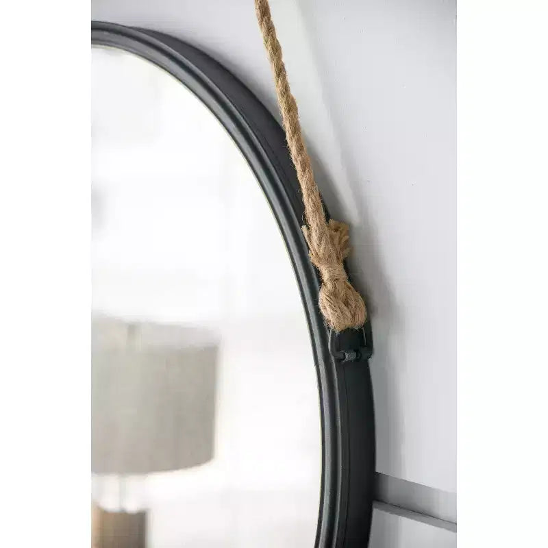 Specchio Rotondo da Parete Sospeso da 75 cm con Cornice Nera e Corda
