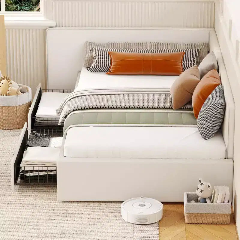 Letto a giorno matrimoniale con cassetti, Struttura letto angolare rivestita in velluto con testiera, Letto moderno per bambini con spondine per soggiorno, camera da letto
