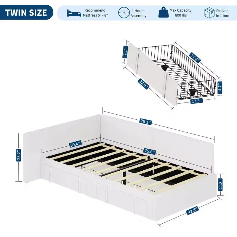 Letto a giorno matrimoniale con cassetti, Struttura letto angolare rivestita in velluto con testiera, Letto moderno per bambini con spondine per soggiorno, camera da letto