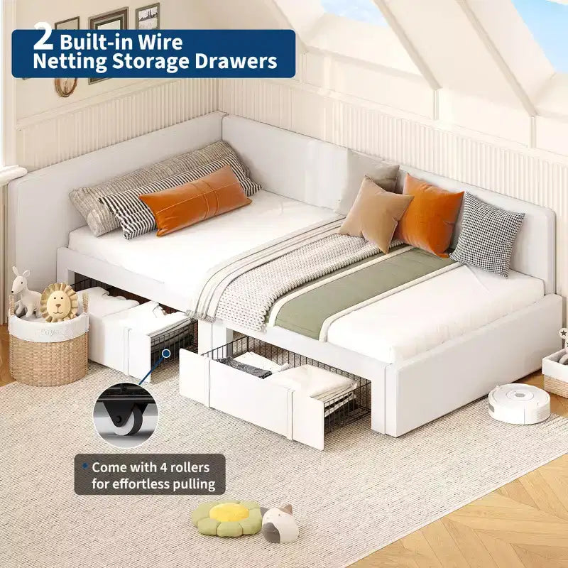 Letto a giorno matrimoniale con cassetti, Struttura letto angolare rivestita in velluto con testiera, Letto moderno per bambini con spondine per soggiorno, camera da letto