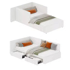 Letto a giorno matrimoniale con cassetti, Struttura letto angolare rivestita in velluto con testiera, Letto moderno per bambini con spondine per soggiorno, camera da letto