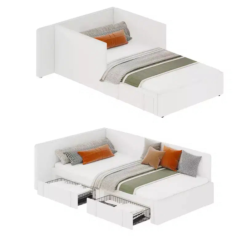 Letto a giorno matrimoniale con cassetti, Struttura letto angolare rivestita in velluto con testiera, Letto moderno per bambini con spondine per soggiorno, camera da letto