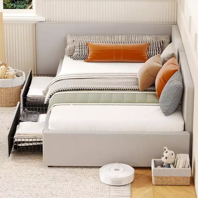Letto a giorno matrimoniale con cassetti, Struttura letto angolare rivestita in velluto con testiera, Letto moderno per bambini con spondine per soggiorno, camera da letto