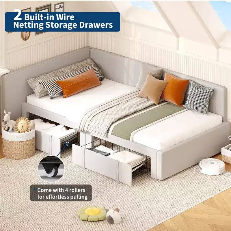 Letto a giorno matrimoniale con cassetti, Struttura letto angolare rivestita in velluto con testiera, Letto moderno per bambini con spondine per soggiorno, camera da letto
