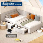 Letto a giorno matrimoniale con cassetti, Struttura letto angolare rivestita in velluto con testiera, Letto moderno per bambini con spondine per soggiorno, camera da letto