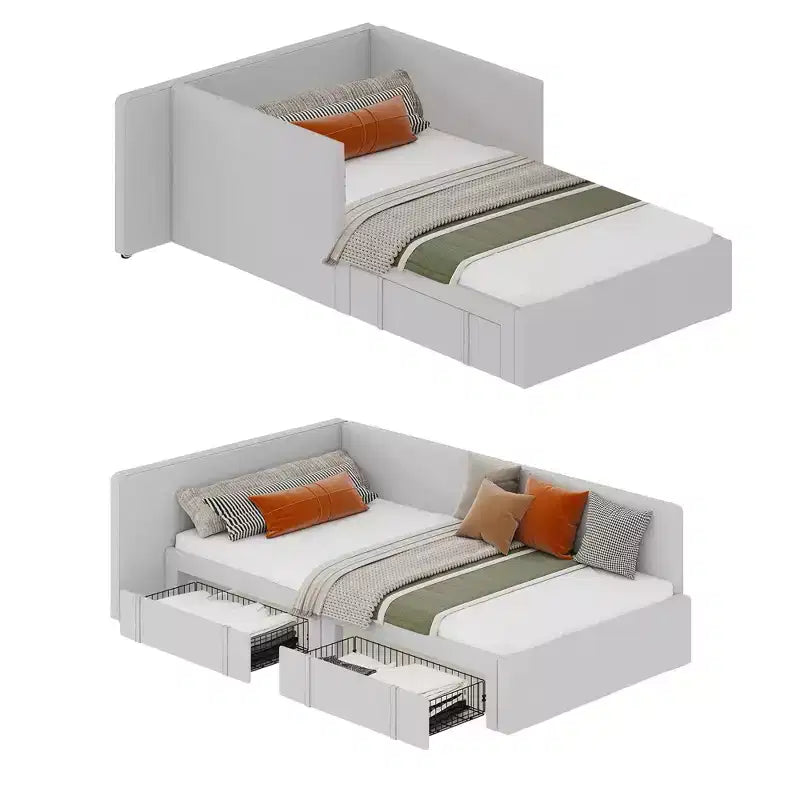 Letto a giorno matrimoniale con cassetti, Struttura letto angolare rivestita in velluto con testiera, Letto moderno per bambini con spondine per soggiorno, camera da letto