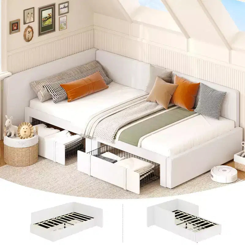 Letto a giorno matrimoniale con cassetti, Struttura letto angolare rivestita in velluto con testiera, Letto moderno per bambini con spondine per soggiorno, camera da letto