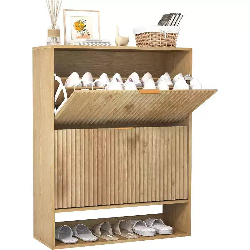 Fluted Narrow Shoe Cabinet with Flip Drawers & Side Hooks, Space-Saving Storage Organizer for Entryway, Hallway or Apartment, Oak Finish