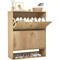 Fluted Narrow Shoe Cabinet with Flip Drawers & Side Hooks, Space-Saving Storage Organizer for Entryway, Hallway or Apartment, Oak Finish