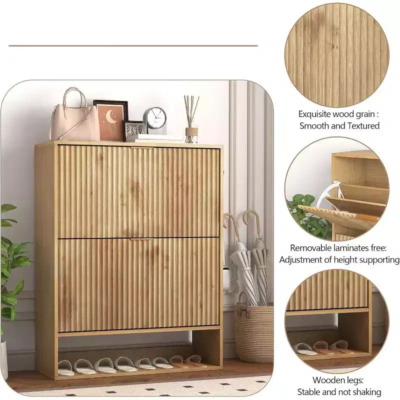 Scarpiera Sottile con Scanalature, Cassetti a Ribalta e Ganci Laterali, Organizer Salvaspazio per Ingresso, Corridoio o Appartamento, Finitura Rovere
