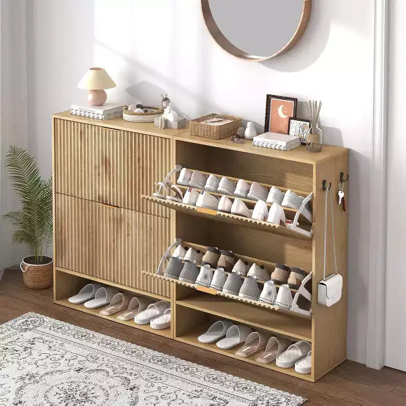 Scarpiera Sottile con Scanalature, Cassetti a Ribalta e Ganci Laterali, Organizer Salvaspazio per Ingresso, Corridoio o Appartamento, Finitura Rovere