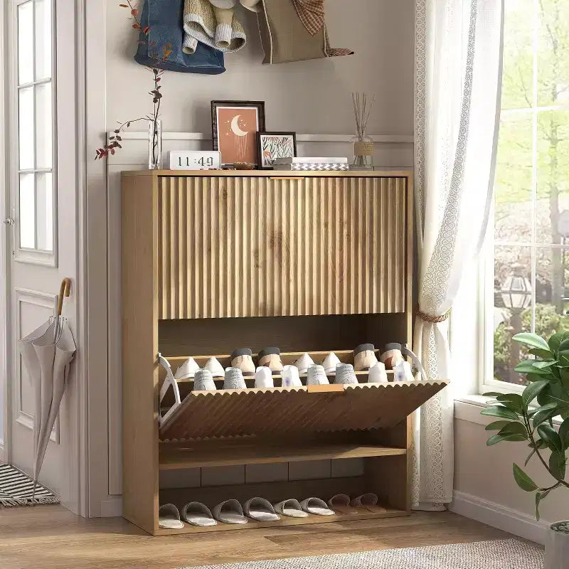 Scarpiera Sottile con Scanalature, Cassetti a Ribalta e Ganci Laterali, Organizer Salvaspazio per Ingresso, Corridoio o Appartamento, Finitura Rovere