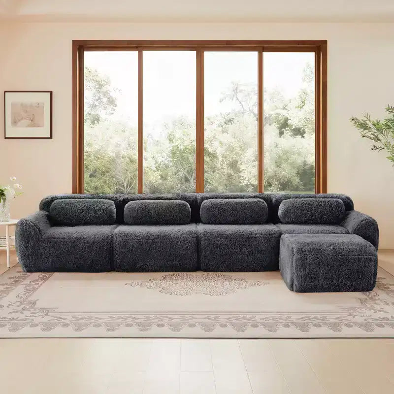 Divano modulare a L in morbido peluche, spugna ad alta densità 32D, fondo antiscivolo, combinazione libera, nessun assemblaggio, connessione a fibbia per salotti