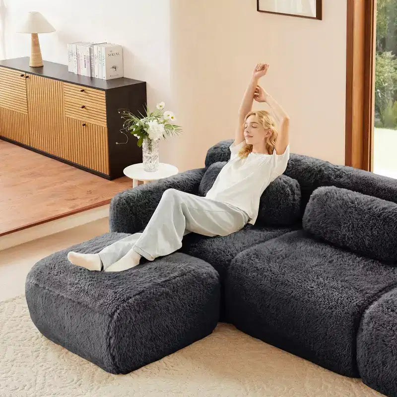 Divano modulare a L in morbido peluche, spugna ad alta densità 32D, fondo antiscivolo, combinazione libera, nessun assemblaggio, connessione a fibbia per salotti