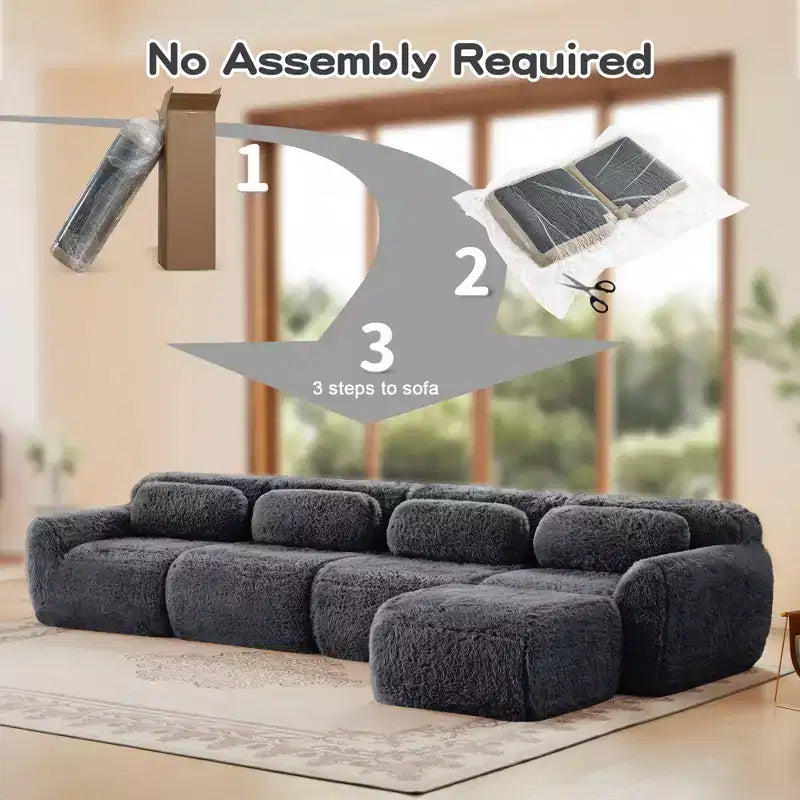 Divano modulare a L in morbido peluche, spugna ad alta densità 32D, fondo antiscivolo, combinazione libera, nessun assemblaggio, connessione a fibbia per salotti