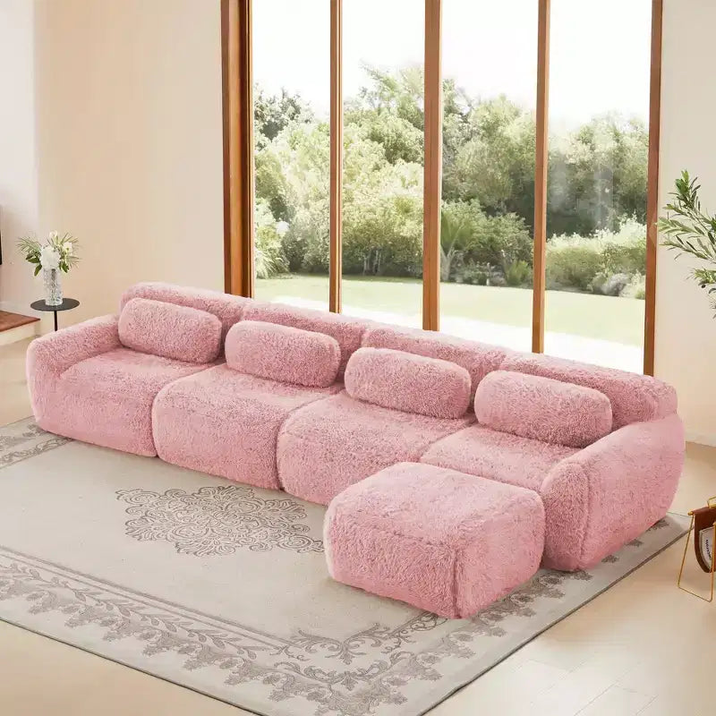 Divano modulare a L in morbido peluche, spugna ad alta densità 32D, fondo antiscivolo, combinazione libera, nessun assemblaggio, connessione a fibbia per salotti