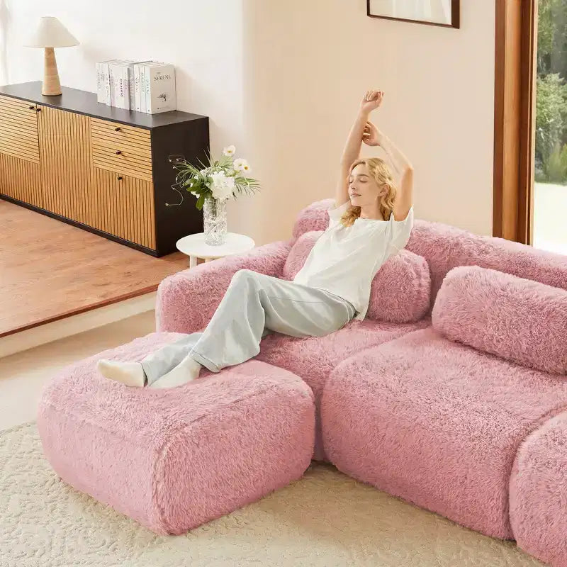 Divano modulare a L in morbido peluche, spugna ad alta densità 32D, fondo antiscivolo, combinazione libera, nessun assemblaggio, connessione a fibbia per salotti