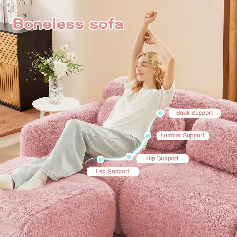 Divano modulare a L in morbido peluche, spugna ad alta densità 32D, fondo antiscivolo, combinazione libera, nessun assemblaggio, connessione a fibbia per salotti