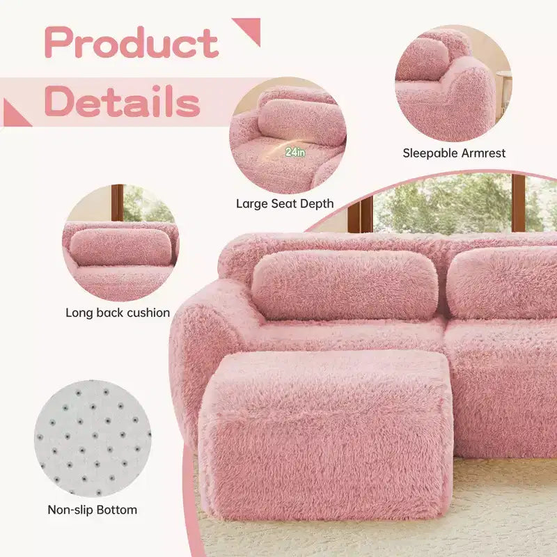 Divano modulare a L in morbido peluche, spugna ad alta densità 32D, fondo antiscivolo, combinazione libera, nessun assemblaggio, connessione a fibbia per salotti