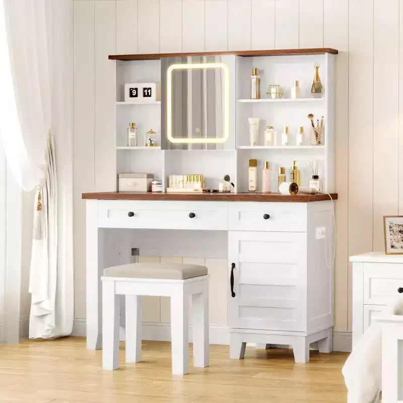 Toeletta da Trucco Rustica con Sgabello e Luci - Comò a 2 Cassetti con Specchio e Piano in Vetro per Camera da Letto