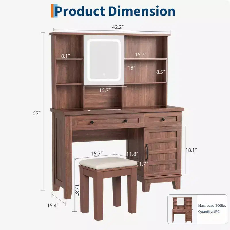 Toeletta da Trucco Rustica con Sgabello e Luci - Comò a 2 Cassetti con Specchio e Piano in Vetro per Camera da Letto