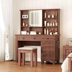 Toeletta da Trucco Rustica con Sgabello e Luci - Comò a 2 Cassetti con Specchio e Piano in Vetro per Camera da Letto