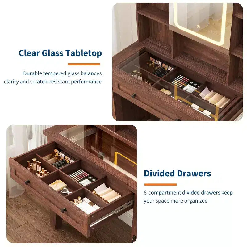 Toeletta da Trucco Rustica con Sgabello e Luci - Comò a 2 Cassetti con Specchio e Piano in Vetro per Camera da Letto