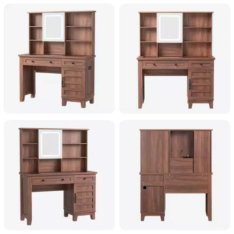 Toeletta da Trucco Rustica con Sgabello e Luci - Comò a 2 Cassetti con Specchio e Piano in Vetro per Camera da Letto