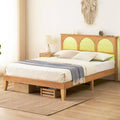 COZONY Wooden Bed Frame with Rattan Headboard & LED Lights, Boho Full Size Bed with Storage, Noise Free