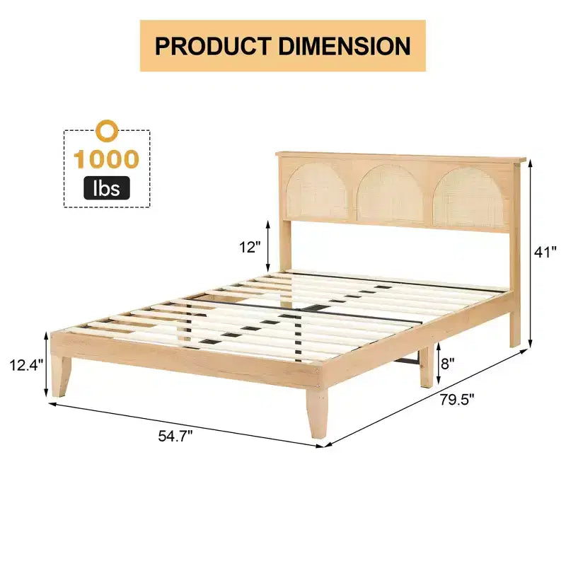 COZONY Letto in Legno con Testiera in Rattan e Luci a LED, Letto Matrimoniale Francese Boho con Contenitore, Senza Rumore