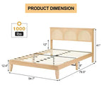 COZONY Letto in Legno con Testiera in Rattan e Luci a LED, Letto Matrimoniale Francese Boho con Contenitore, Senza Rumore