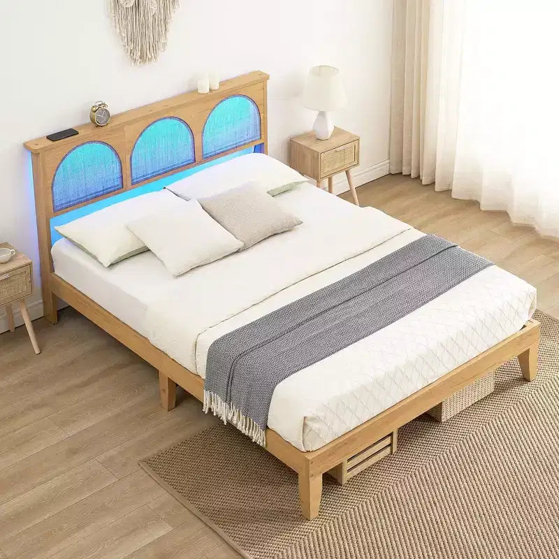 COZONY Letto in Legno con Testiera in Rattan e Luci a LED, Letto Matrimoniale Francese Boho con Contenitore, Senza Rumore