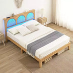 COZONY Letto in Legno con Testiera in Rattan e Luci a LED, Letto Matrimoniale Francese Boho con Contenitore, Senza Rumore