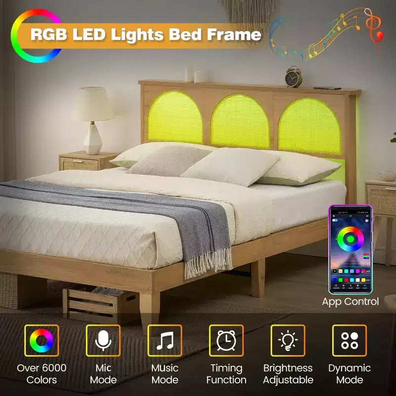 COZONY Letto in Legno con Testiera in Rattan e Luci a LED, Letto Matrimoniale Francese Boho con Contenitore, Senza Rumore