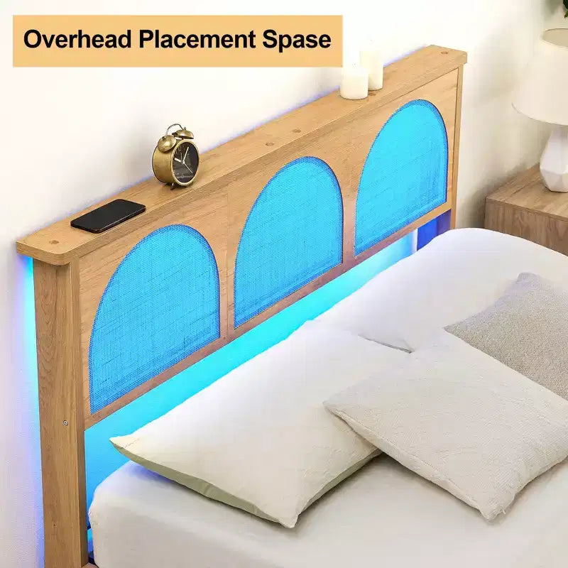 COZONY Letto in Legno con Testiera in Rattan e Luci a LED, Letto Matrimoniale Francese Boho con Contenitore, Senza Rumore
