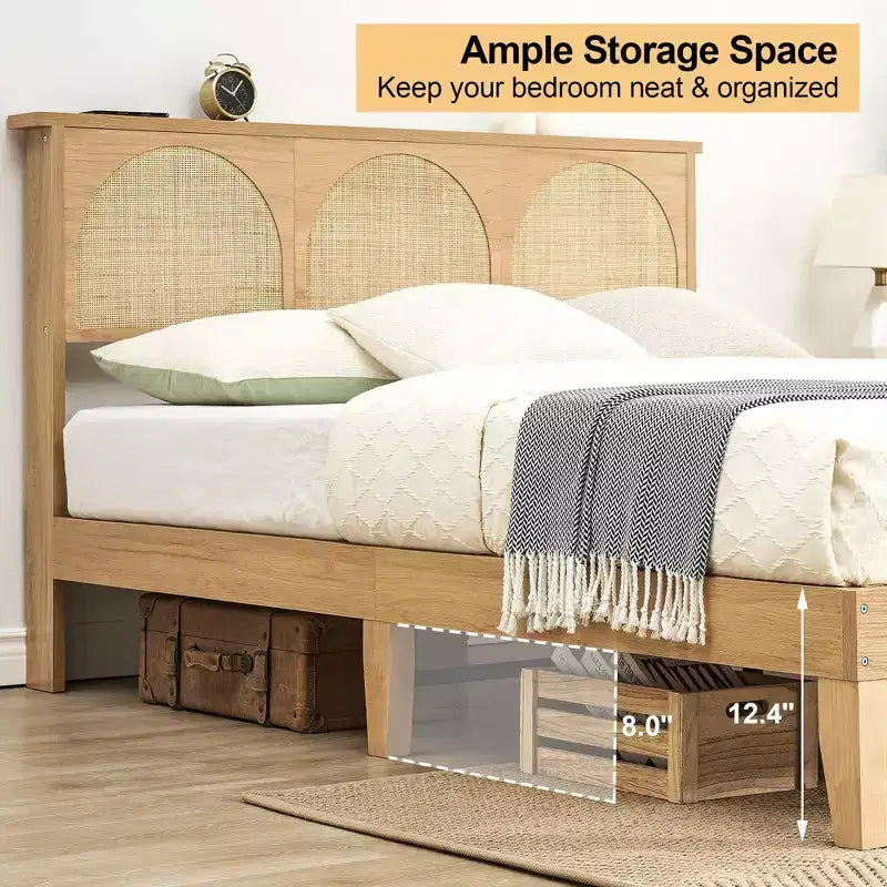 COZONY Letto in Legno con Testiera in Rattan e Luci a LED, Letto Matrimoniale Francese Boho con Contenitore, Senza Rumore