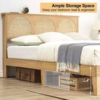 COZONY Letto in Legno con Testiera in Rattan e Luci a LED, Letto Matrimoniale Francese Boho con Contenitore, Senza Rumore