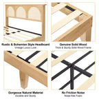 COZONY Letto in Legno con Testiera in Rattan e Luci a LED, Letto Matrimoniale Francese Boho con Contenitore, Senza Rumore