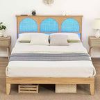 COZONY Letto in Legno con Testiera in Rattan e Luci a LED, Letto Matrimoniale Francese Boho con Contenitore, Senza Rumore