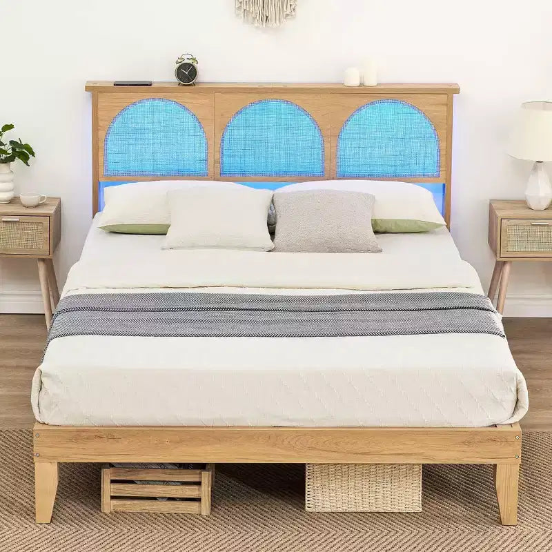 COZONY Letto in Legno con Testiera in Rattan e Luci a LED, Letto Matrimoniale Francese Boho con Contenitore, Senza Rumore