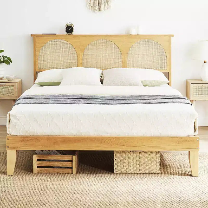 COZONY Letto in Legno con Testiera in Rattan e Luci a LED, Letto Matrimoniale Francese Boho con Contenitore, Senza Rumore