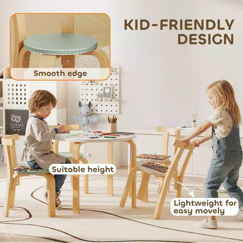 Set 5 pezzi tavolo e sedie in legno per bambini età 3-8 anni Legno naturale