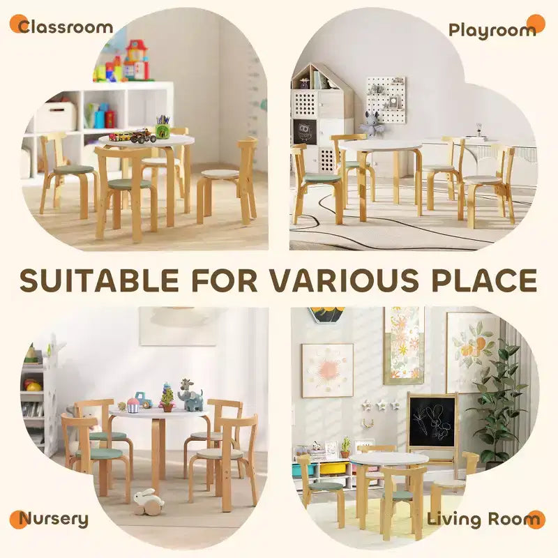 Set 5 pezzi tavolo e sedie in legno per bambini età 3-8 anni Legno naturale