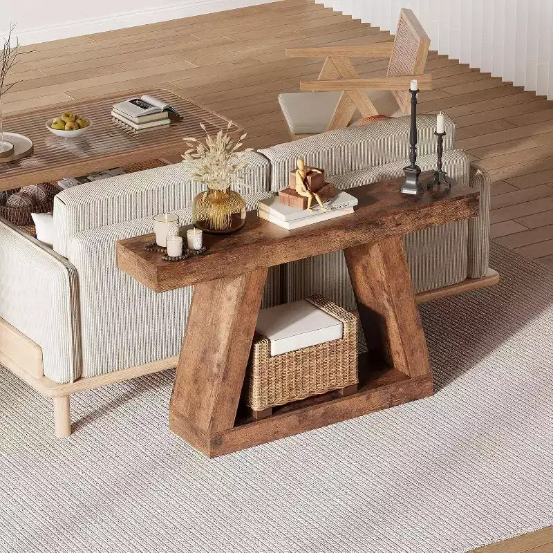 Tavolo da divano a 2 ripiani con mensole aperte, consolle stretta da 140 cm in stile rustico, tavolo d'ingresso industriale in legno