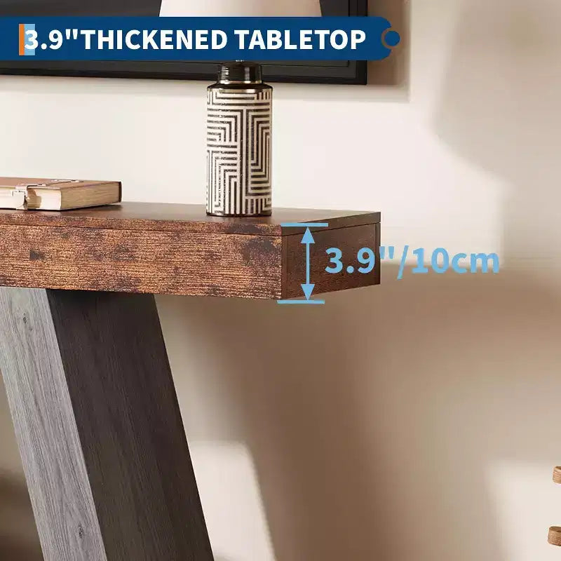 Tavolo da divano a 2 ripiani con mensole aperte, consolle stretta da 140 cm in stile rustico, tavolo d'ingresso industriale in legno