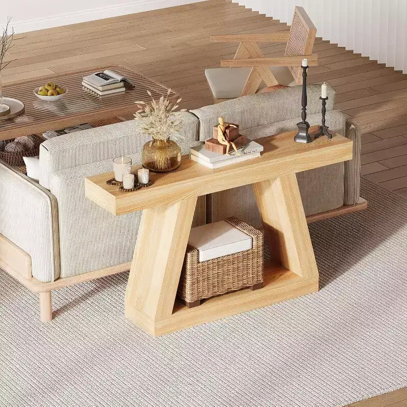 Tavolo da divano a 2 ripiani con mensole aperte, consolle stretta da 140 cm in stile rustico, tavolo d'ingresso industriale in legno