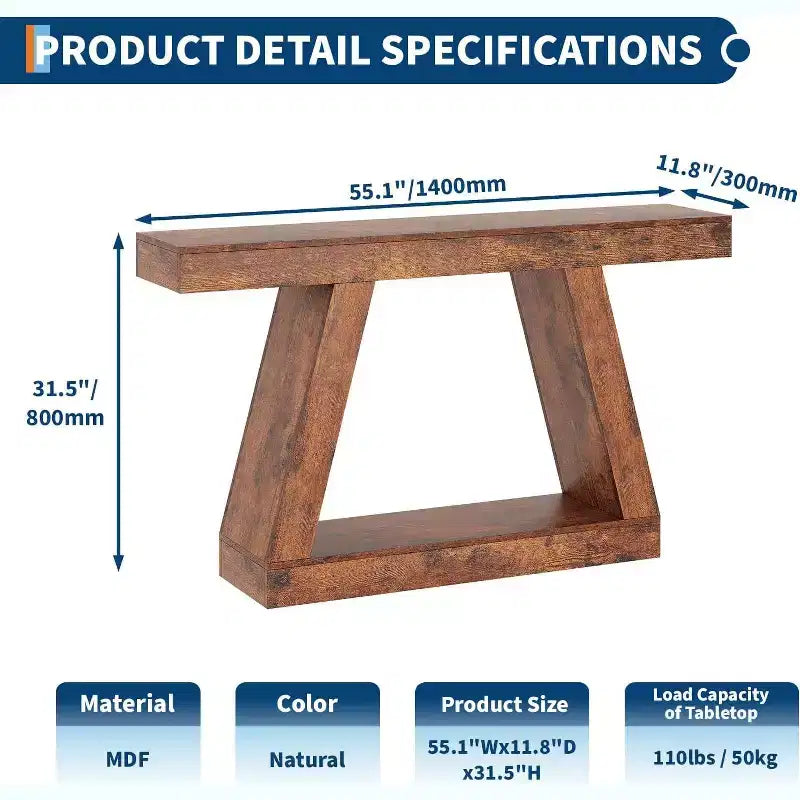 Tavolo da divano a 2 ripiani con mensole aperte, consolle stretta da 140 cm in stile rustico, tavolo d'ingresso industriale in legno