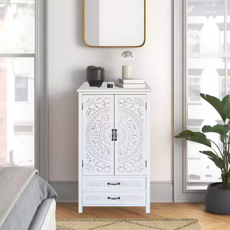 Mobile contenitore alto con cassetti, mobile dispensa d'accento con ante intagliate, credenza per camera da letto, soggiorno, ingresso - Panipeachy